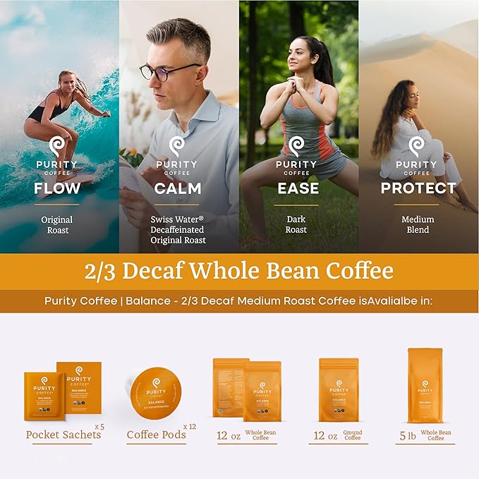 Purity Coffee BALANCE 2/3 Decaf Medium Roast Coffee Single-Serve K Pods (12ct Cups) - Specialty-Grade Mountain Water Processed Decaf + Regular Arabica Blend- USDA Certified Organic Decaffeinated - Third Party Tested for Mold, Mycotoxins, Pesticide Residue