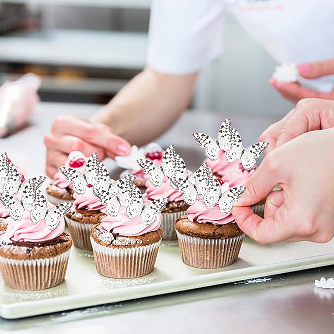 48 PCS Wafer Paper Cupcake Toppers - Edible Butterfly Cupcake Picks & Decorations for Butterfly Theme Baby Shower & Kids Birthday Party Cake Decorations - Brown