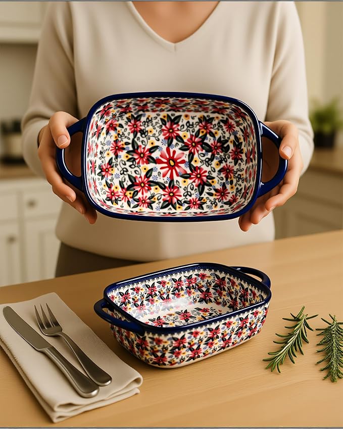 Ceramic Baking Dish Set of 2 ??Decorative Polish Pottery Style Casserole Dishes with Handles, Cute Oven-Safe Lasagna Bakeware Gift Set