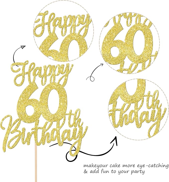1 PCS Happy 60th Birthday Cake Topper Glitter Cheers to 60 Years Birthday Cake Pick Sixty Hello 60 Fabulous Cake Decoration for Happy 60th Birthday Anniversary Party Decorations Supplies Gold
