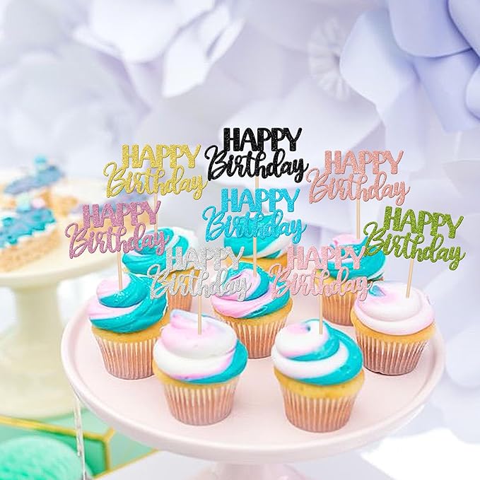 32 PCS Happy Birthday Cupcake Toppers Glitter Happy Birthday Cupcake Picks for Celebrating Birthday Anniversary Theme Party Cake Decorations Supplies Mixed 8 Colors