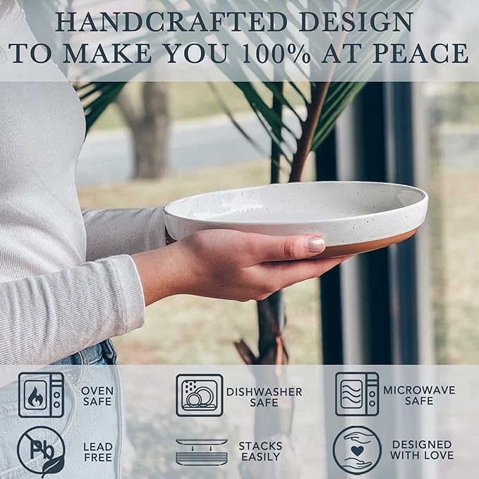 Mora Ceramic Flat Pasta Bowl Set of 4-35oz, Microwave Safe Plate with High Edge - Modern Dinnerware for Kitchen and Eating, Large Wide Bowls/Plates for Serving Dinner, Salad, etc- Vanilla & Charcoal
