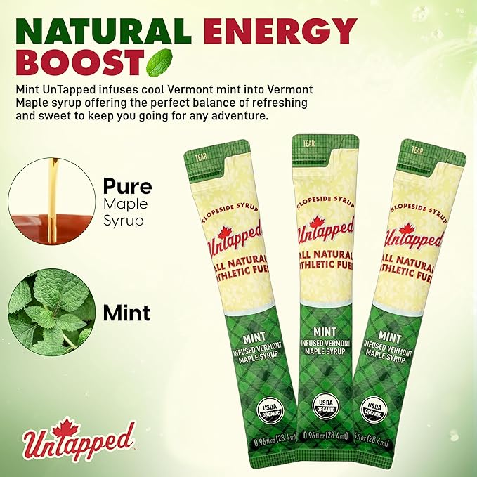 UnTapped Mint Maple Syrup Energy Gels 20 Gels | Organic Pure Vermont Maple Syrup with Real Mint | Gluten-Free, Low Glycemic | Natural Fuel for Running, Cycling & Endurance