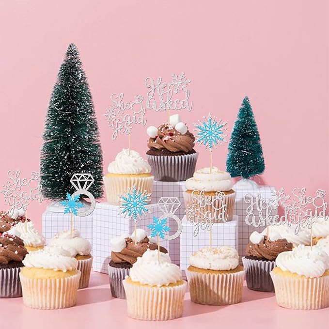 24 PCS He Asked She Said Yes Cupcake Toppers Glitter Diamond Ring Snowflake Cupcake Picks Bridal Shower Cake Decorations for Winter Wonderland Wedding Engagement Party Cake Decorations Supplies