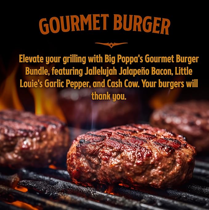 Big Poppa's Gourmet Burger Kit (3-Pack) – Includes Jallelujah Jalapeño Bacon, Little Louie's Garlic Pepper & Cash Cow Beef Seasoning – Ultimate Gluten-Free BBQ Seasoning Bundle for Beef Patties