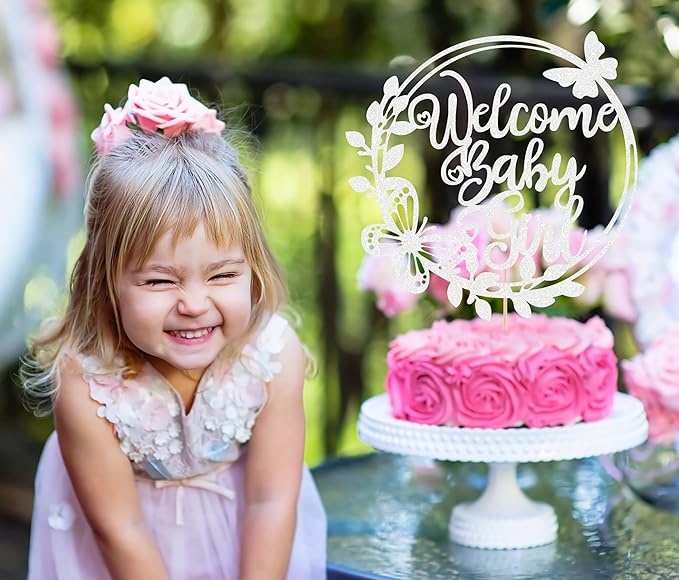 Welcome Baby Girl Cake Topper - Silver Glitter Baby Shower Cake Decorations, Baby Girl Cake Decor, for Baby Shower/Birthday Party/Gender Reveal Party Photo Booth Props