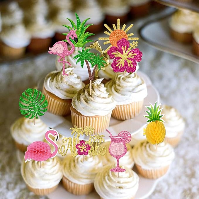 Rsstarxi 30 Pack Tropical Cupcake Toppers Glitter Flamingo Hawaiian Luau Aloha Cupcake Picks for Summer Beach Hawaiian Baby Shower Birthday Party Cake Decorations Supplies