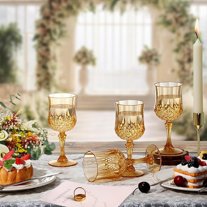 XUWAIDSGN 16 Pcs 7oz Plastic Vintage Wine Glasses Drinking Glasses Unbreakable Wedding Glassware Crystal Water Goblets Reusable Drinkware Vintage Champagne Flutes (16, Amber)