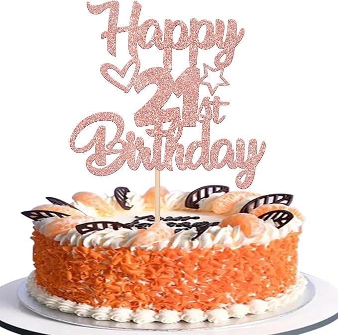 1 Pack Happy 21st Birthday Cake Topper - Glitter Heart Star 21 Fabulous Cake Pick - Rose Gold