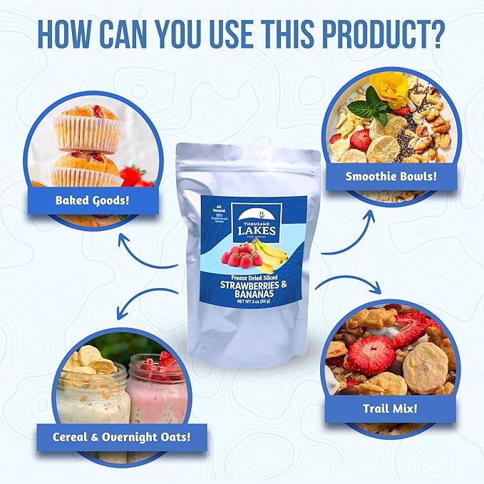 Thousand Lakes Freeze Dried Fruit - Strawberries and Bananas - 3 oz | No Sugar Added | 100% Fruit | Sliced for Snacking