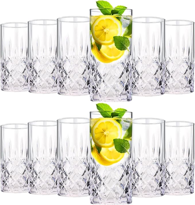 Uiifan Set of 12 Tall Highball Glasses 12 oz Crystal Drinking Glasses Clear Fancy Cups Vintage Textured Designer Glassware for Cocktail Tea Water Beer Soda Beverages, Dishwasher Safe (Classic Style)