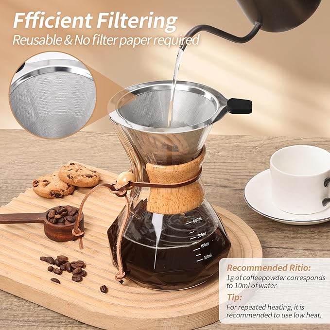 Pour Over Coffee Maker 20 OZ, 6 Cup Borosilicate Glass Drip Coffee Maker with Reusable Stainless Steel Filter and Cork Grip for Home Caf챕 600 ML (Diamond Shape)