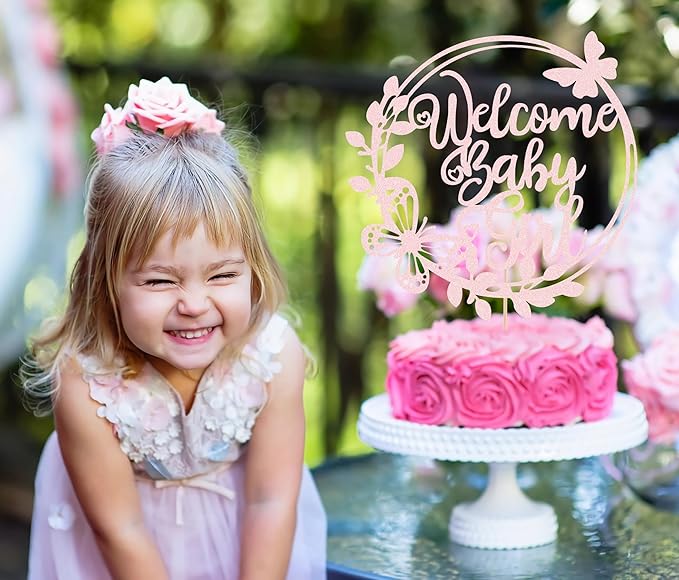 Welcome Baby Girl Cake Topper - Light Pink Glitter Baby Shower Cake Decorations, Baby Girl Cake Decor, for Baby Shower/Birthday Party/Gender Reveal Party Photo Booth Props