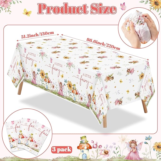 Fairy Party Tablecloths - 3Pcs A Little Fairy Party Table Covers Decorations, Floral Girls Themed Rectangular Plastic Disposable Table Cloth Decor for Kids Girls Birthday Baby Shower Supplies