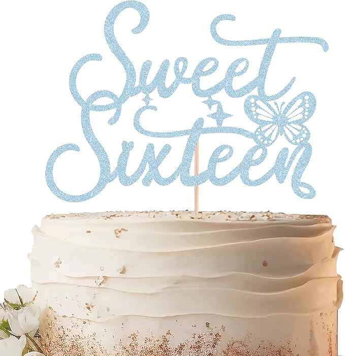 Sweet Sixteen Cake Topper - Blue Glitter Butterfly Theme Sweet 16 Birthday Cake Decorating Supplies for Girls, Sweet 16 Cake Topper for Happy 16th Birthday Anniversary Party Supplies Photo Booth Props