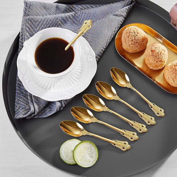 KEAWELL Luxurious 5.1-Inch Espresso Spoons Set - 6 Pieces - Mini Coffee Spoon, 18/10 Stainless Steel - Gorgeous Design with Exceptional Mirror Polished Finish (Gold)