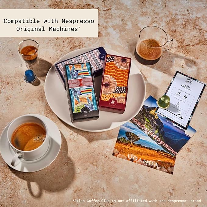 Atlas Coffee Club Espresso Pods Compatible with Nespresso Original– All Roast Variety Pack (40 Count)– Aluminum Capsules from El Salvador, Nicaragua, Peru & Uganda– Intensity 8-12