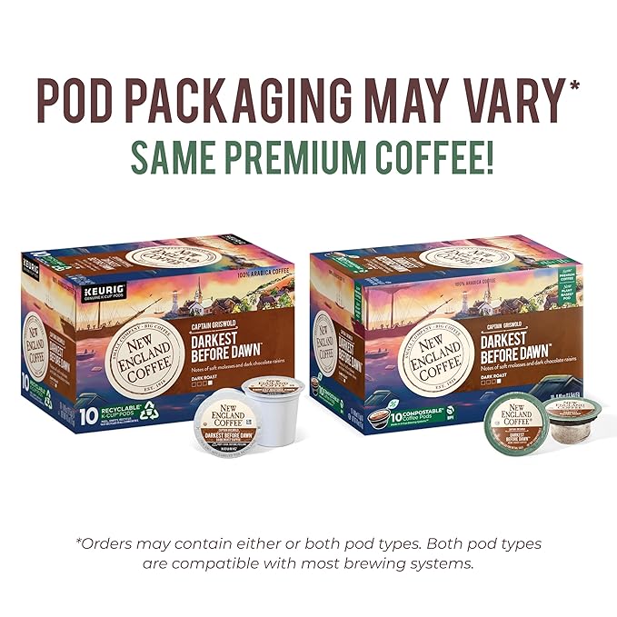 New England Coffee Darkest Before Dawn Dark Roast Single Serve Pods, 10ct Box (Pack of 6)