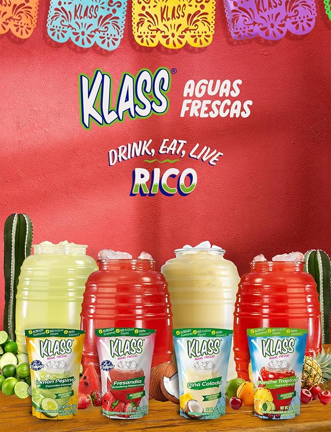 Klass Aguas Frescas | Drink Mix | Variety Pack Of Mixed Flavors | Pina Colada, Cucumber Limeade, Tropical Punch & Strawberry Watermelon | Flavors From Natural Sources, No Artificial Flavors With Vitamin C (Makes 7 to 9 Quarts) 14.1 Oz Family Pack (4-Pack)