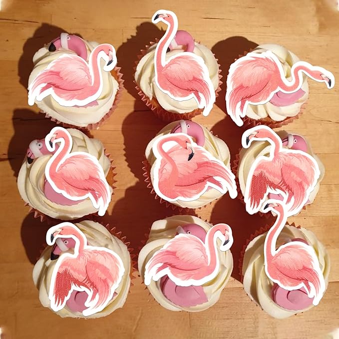 Rsstarxi 60 Pack Edible Flamingo Cupcake Toppers Rice Paper Tropical Aloha Luau Cupcake Picks for Summer Hawaiian Theme Birthday Wedding Party Cake Decorations Supplies