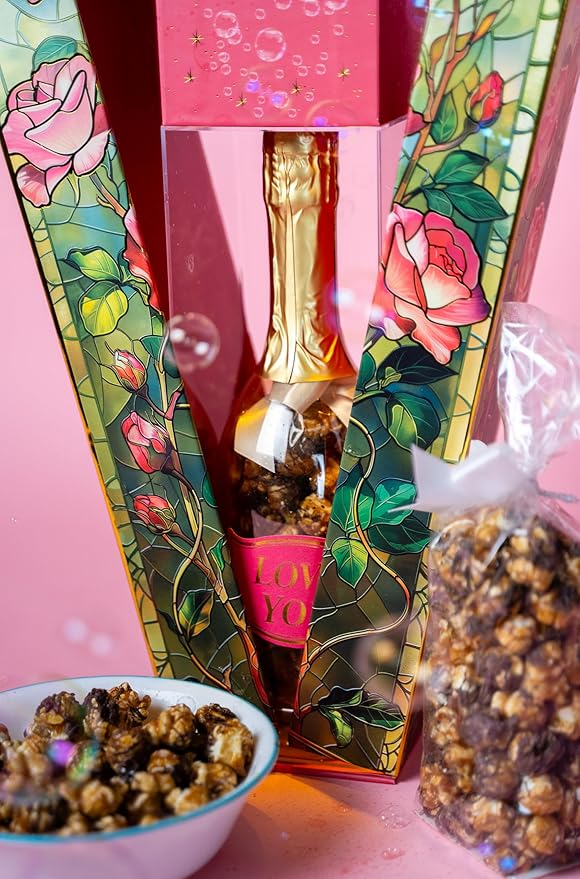 SendaCake Rose Bubble Box with Caramel White Chocolate Popcorn, Ready to Gift, No Assembly Required - Happy Birthday Surprise - Unique Birthday Gift for Women, Men, Sister, Mom, Dad, Best Friend