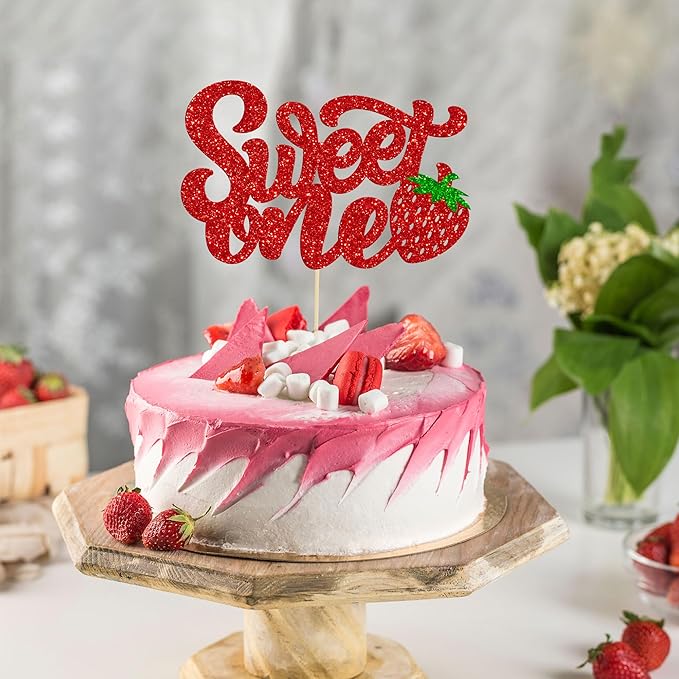 1 Pack Sweet One Cupcake Topper Glitter First Birthday Strawberry Cake Pick for Fruit Baby Shower 1st Birthday Berry Sweet Cake Decorations For Birthday Party Supplies Red