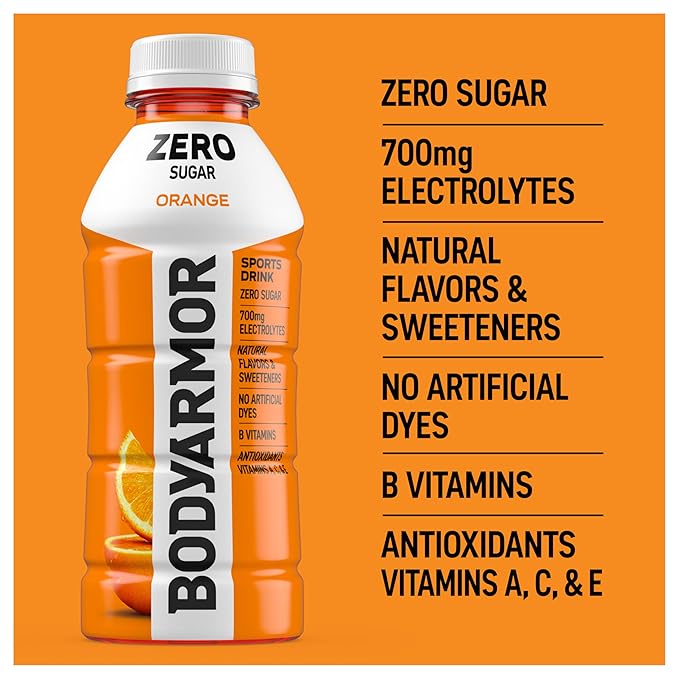 BODYARMOR ZERO Sugar Orange, Sugar Free Sports Drink - Low-Calorie Hydration - Natural Flavors with Potassium Packed Electrolytes, Antioxidants, and B-vitamins, 16 fl oz (pack of 12)