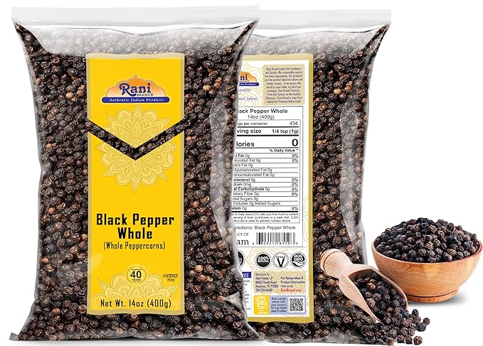 Rani Black Pepper Whole (Peppercorns), Premium MG-1 Grade 14oz (400g) ~ All Natural | Gluten Friendly | Non-GMO | Kosher | Product of Vietnam | Perfect size for Grinders!