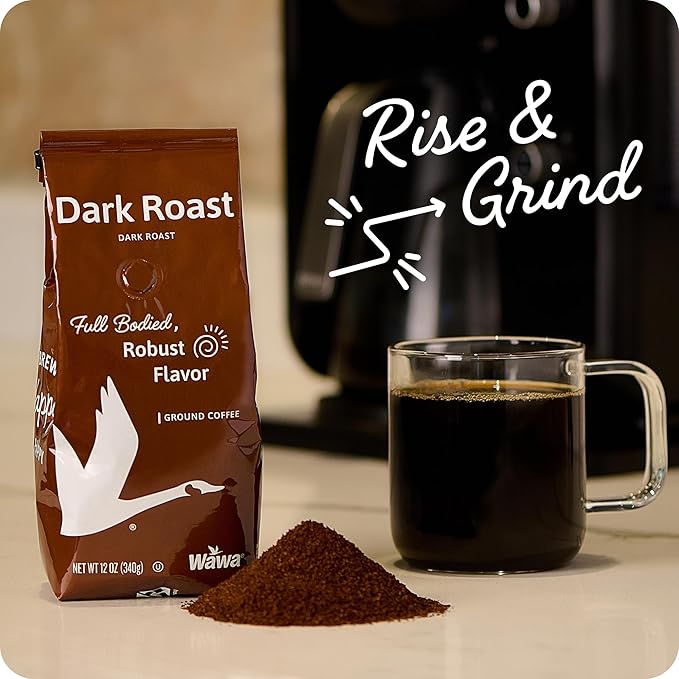 Wawa Ground Coffee Dark Roast, 12 oz Bag, Full Bodied Blend For Hot or Iced Coffee, Sweet, Spicy & Smoky Notes, Bold & Complex, 100% More Responsibly Sourced from Rainforest Alliance Certified Farms