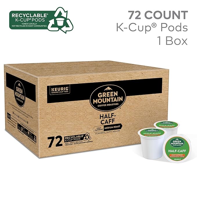 Green Mountain Coffee Roasters Half Caff Keurig Single-Serve K-Cup pods, Medium Roast Coffee, 72 Count