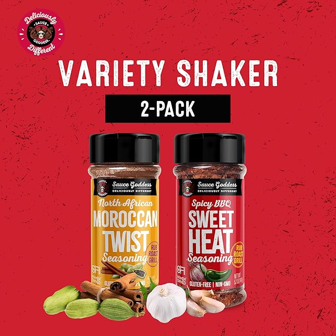 Sauce Goddess - Spicy BBQ Sweet Heat & Moroccan Twist Duo Premium Spices, No MSG, No Additives, Plant-Based, Shakers for Meat & Veggies - 2-Pack