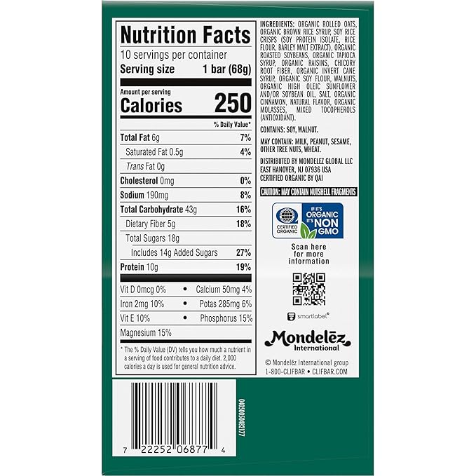 CLIF BAR - Oatmeal Raisin Walnut - Made with Organic Oats - Energy Bars - Non-GMO - Plant Based Protein Bars (10 Pack)