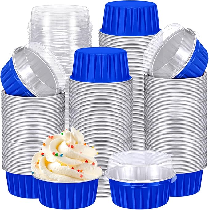 Gejoy 400 Pcs Aluminum Foil Baking Cups with Lids 5 oz Disposable Ramekins Mini Cake Pans Creme Brulee Cupcake Liners Muffin Tins Flan Mold Dessert Container for Wedding(Dark Blue,Classic)