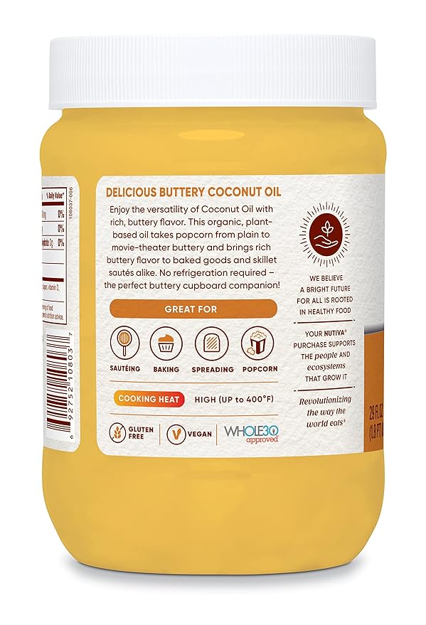 Nutiva Organic Butter Flavored Coconut Oil for Popcorn, Cooking and Baking. 29 Fl Oz - USDA Organic Non-GMO, Vegan Dairy-Free Butter Substitute. Paleo and Keto Friendly.