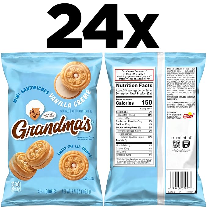 Grandma?™s Mini Cookies, Vanilla Sandwich Crème Cookies, 3.71 oz Cookie Bag, (24 Pack) (Packaging May Vary)