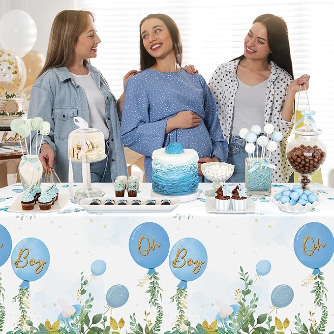 Baby Shower Party Tablecloths - 3Pcs Watercolor Blue Birthday Party Table Cover Decorations, Oh Boy Themed Rectangular Plastic Disposable Table Cloth for Baby Boys Birthday Gender Reveal Supplies