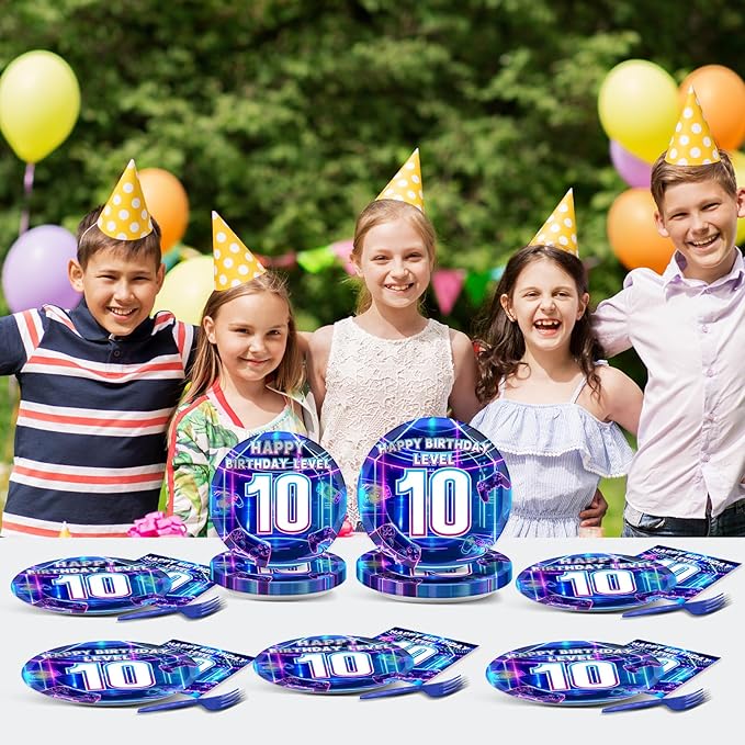 96Pcs 10th Birthday Video Game Plates and Napkins Gamer 10 Years Old Party Decorations Purple and Blue Level 10 Dessert Plates 10th Birthday Tableware for 24 Guests Boys Kids Gaming Party Supplies