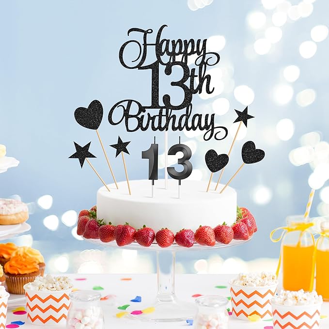 13th Birthday Cake Decorations, 13th Birthday Candles Cake Numeral Candles and Glitter Happy 13th Birthday Cake Toppers Set for Birthday Party Supplies (Black)