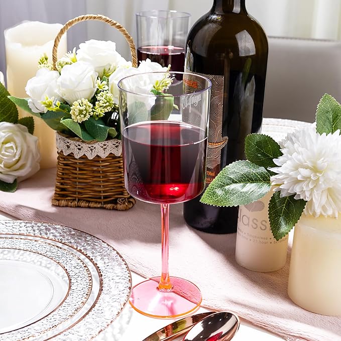 Ciaell 12 Pack 10 Oz Clear Plastic Wine Glasses with Pink Stem - Disposable Cocktail Goblets Perfect for Parties & Weddings & Poolside & Outdoors & Camping & Party