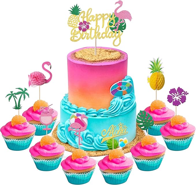 33 Pack Happy Birthday Cake Topper Tropical Luau Cake Pick Glitter Flamingo Plam Leave Pineapple Cupcake Decoration for Summer Baby Shower Birthday Party Supplies