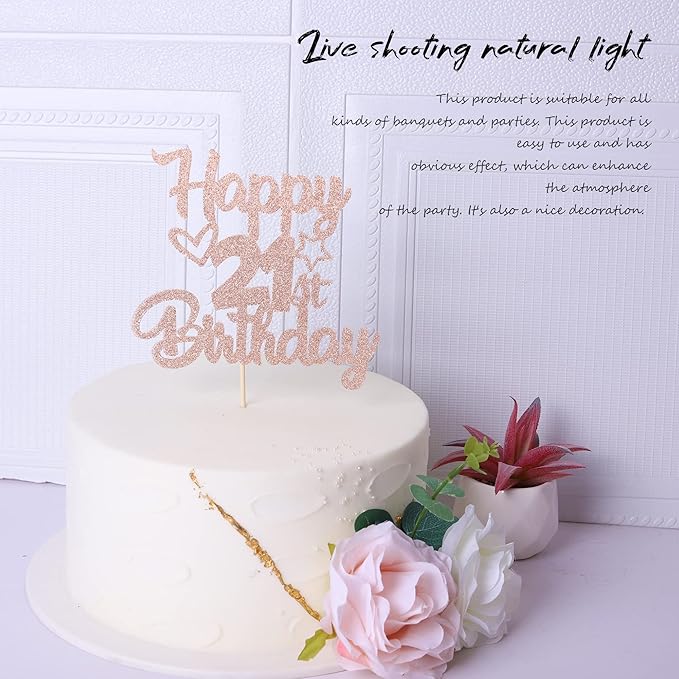 1 Pack Happy 21st Birthday Cake Topper - Glitter Heart Star 21 Fabulous Cake Pick - Rose Gold
