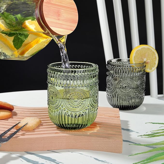 Joeyan Vintage Drinking Glasses Set of 4,9 oz Green Embossed Sunflower Small Water Glass Tumbler Cups,Colored Romantic Beaded Glassware for Beverages Cocktail Juice Wine,Dishwasher Safe