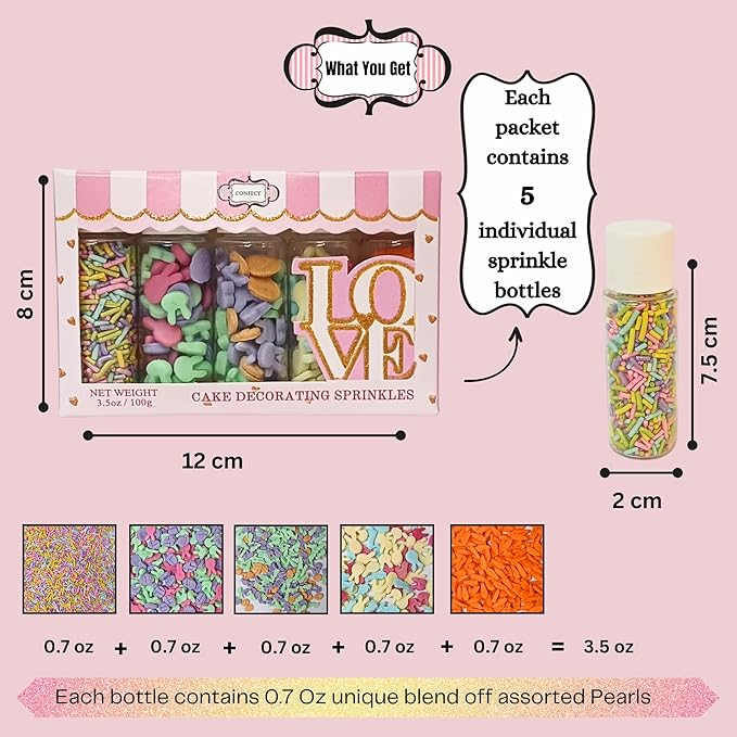 Confect Easter Sprinkles Edible | Assorted pack of 5 Pink, Yellow, Red, Silver and Green Vermicelli and Easter Bunny I Cookies, Desserts & cupcake Decorating | Edible Sprinkles Mix for Baking & Cake