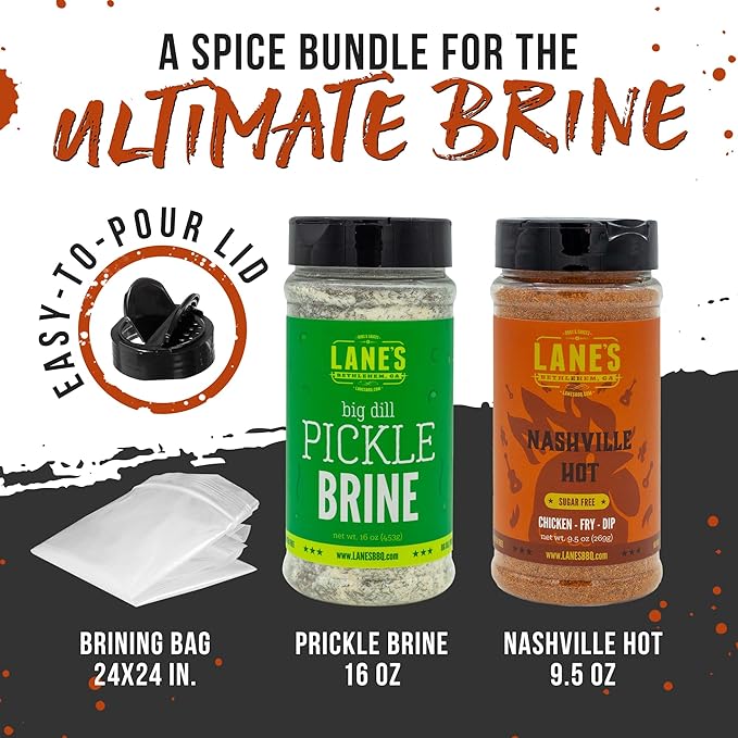 Lane's Pickle Brine Seasoning Bundle with Nashville Hot Chicken Wing Seasoning & 24" x 24" Extra Large Brining Bag, All-Natural, No MSG, Made in USA