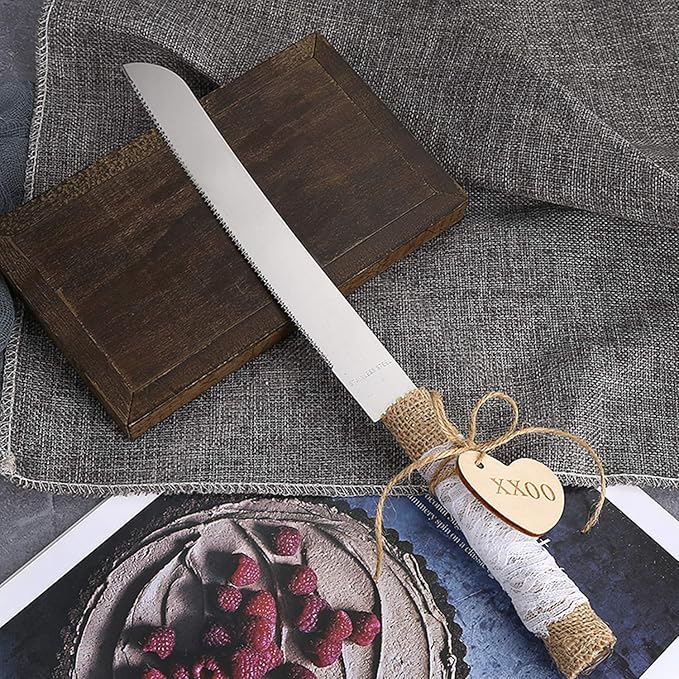 TANG SONG Rustic Style Stainless Steel Wedding Cake Knife and Serving Set Resin Plastic Handle with Twine Heart Love Wood Tag and Burlap Lace Design
