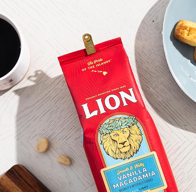 Lion Coffee, Arabica Coffee Beans, Light Roast Whole Bean Coffee, Vanilla Macadamia Flavor, A Taste of Aloha, 10 Ounce Bag