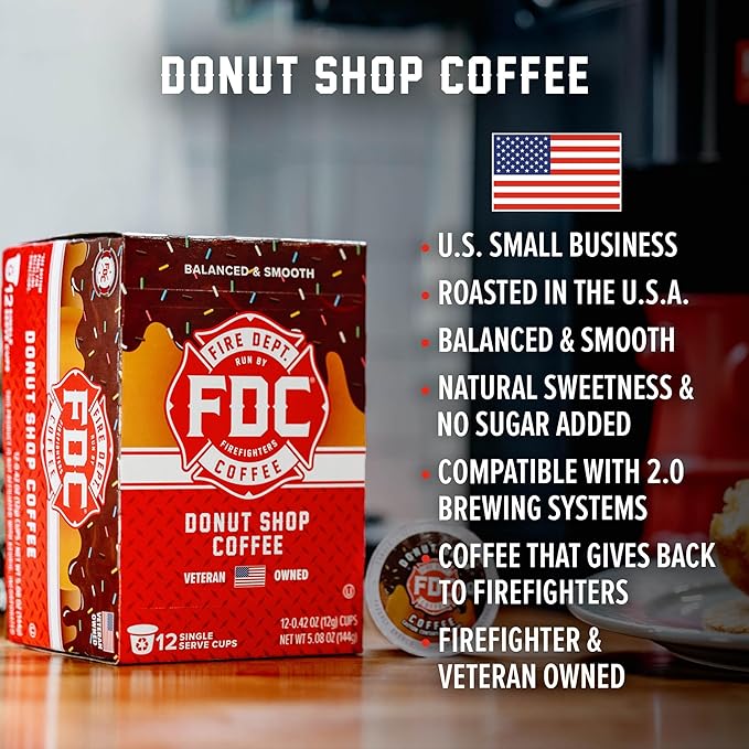 Fire Department Coffee - Gives Back to Firefighters - Medium Roast Donut Shop Coffee Pods - Sweet & Smooth -Roasted in the USA - Premium K Cups - Veteran Owned - 12 Single Pods