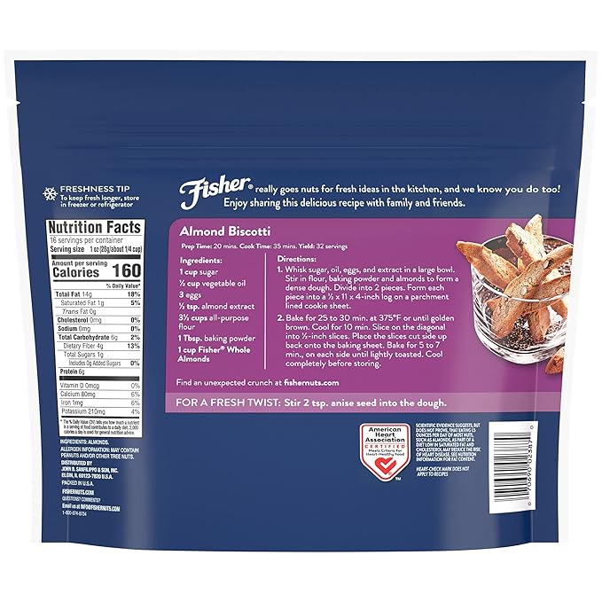 Fisher Chef's Naturals Unsalted Whole Almonds 16oz Resealable Bag, Raw Nuts Perfect for Cooking, Baking & Snacking, Healthy Snacks for Adults, Vegan Protein, Keto Snack, Gluten Free