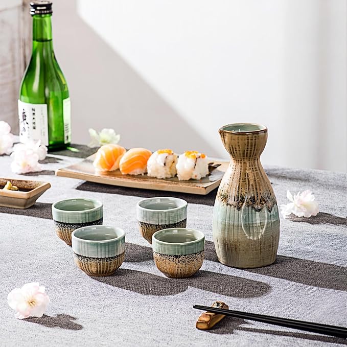 UNICASA Sake Set, Traditional Japanese Sake Cup Set of 5, Ceramic Cups Crafts Wine Glasses Gifts竊ë?ne Sake Pot 210ml and 50ml Sake Cupç«?,<div>