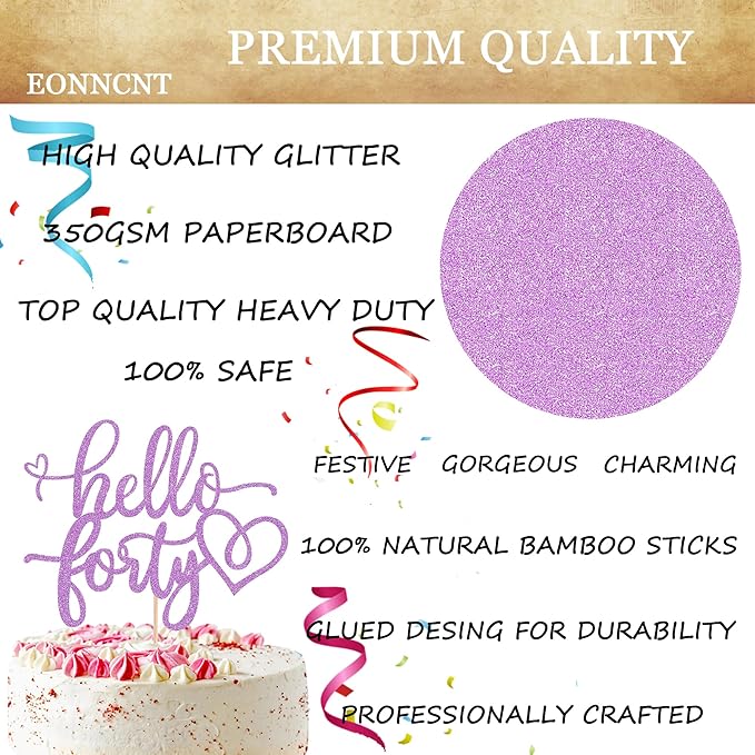 Hello Forty Cake Topper - Light Purple Glitter 40th Birthday Cake Decorating Supplies for Women, Hello 40 Cake Decor for 40th Birthday/Anniversary Party Photo Booth Props